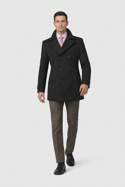 COAT08 Men'S Dress Coat Wool Blend,Broad Lapel High-Buttoned Collars Black Men'S Overcoat/Double Breasted Side Pocket