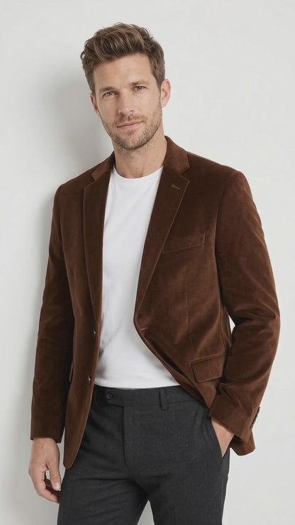 Men's Brown Velour Blazer Jacket – Classic Velvet-Look 2 Button Sport Coat for Weddings, Parties & Formal Events