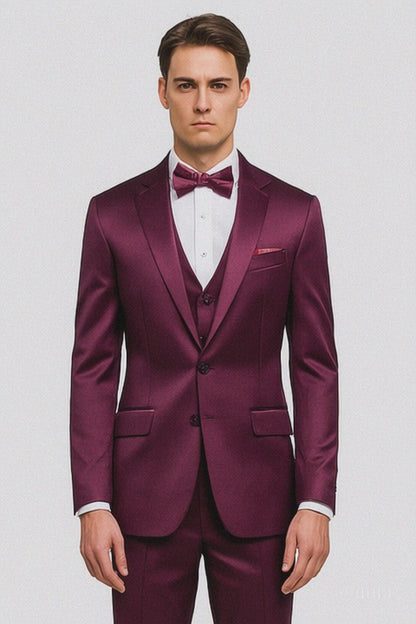 Men's Purple Satin Skinny Fit 3 Piece Tazzio Suit with Double Breasted Vest and Peak Lapel Jacket Modern Fit