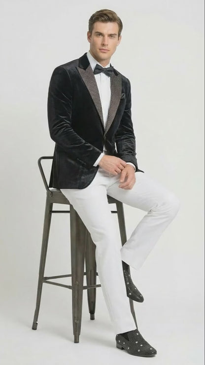 Men’s Black Velvet Tuxedo Blazer with Studded Lapel – Formal Evening Jacket