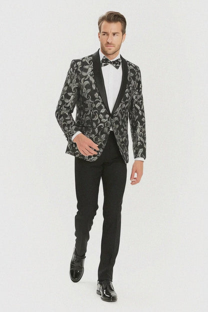Big And Tall Tuxedo Paisley Tuxedo Sparkling Blazer - Black and White Floral Sport Coat