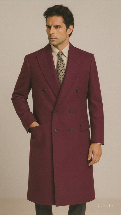 DBCoat Men's Wool Long Designer Men's Wool Men's Peacoat Sale Double Breasted Overcoat Style Full Length Burgundy