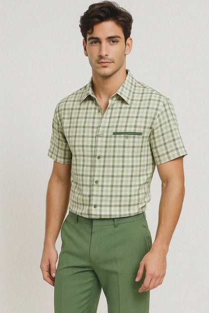 Mens Plaid Walking Suit in Sage by Dreams by Zacchi – 2 Piece Leisure Outfit with Matching Shirt and Pants - $99