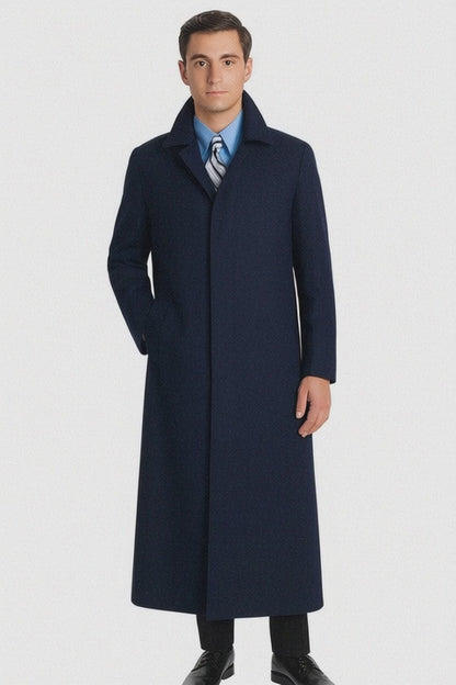 Navy Blue Men's Full Length Wool Overcoat Belted Wool Overcoat