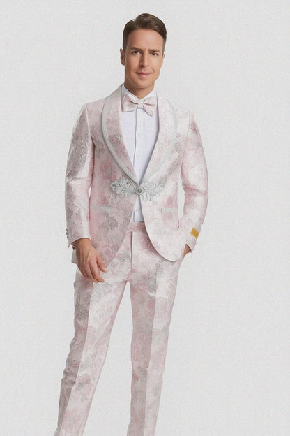 Men's Fancy Pink Floral Paisley Prom Tuxedo with Silver Trim Cheap Prom Tuxedos