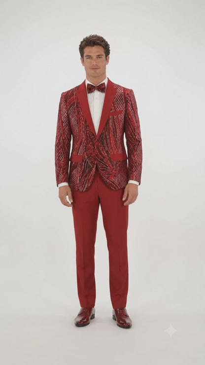 Mens Sequin Christmas Holiday Blazer – Luxury Party Jacket for New Year Jacket Sparkly Dinner Jacket in color "Ruby Red & Black Blazer"