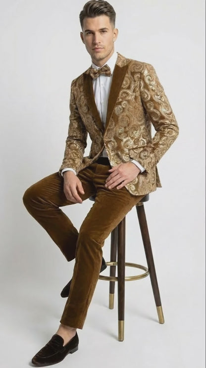 Men’s Brown Tuxedo dinner Jacket Blazer – Jacket for Formal Paisley Pattern Coffee Mocca Color + Bowtie