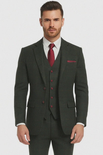 Mens Winter Suit - Suit For Cold Weather - Winter Color Tweed Herringbone Green Suit