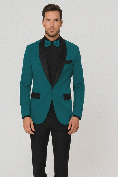 Men's Teal Blue Velvet Tuxedo with Black Satin Lapel and Bow Tie + Black Pants