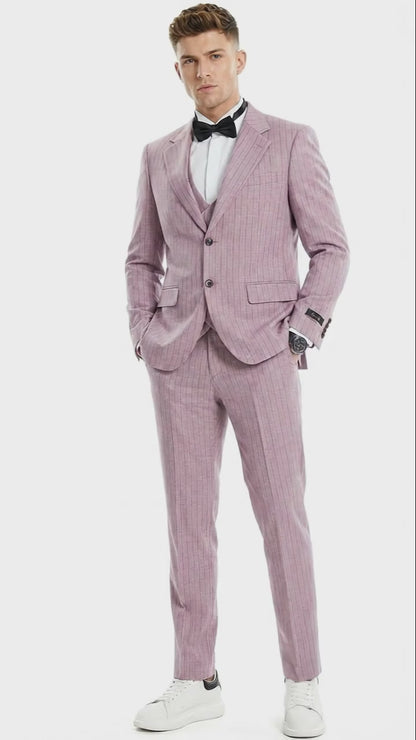 Men’s Dusty Rose Pink Pinstripe Three Piece Suit with Vest | Wedding and Party Formal Wear Prom or Church Suit Modern Fit