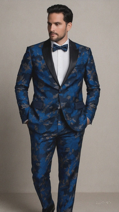 Mens Royal Blue and Gold 2 Button Paisley Tuxedo