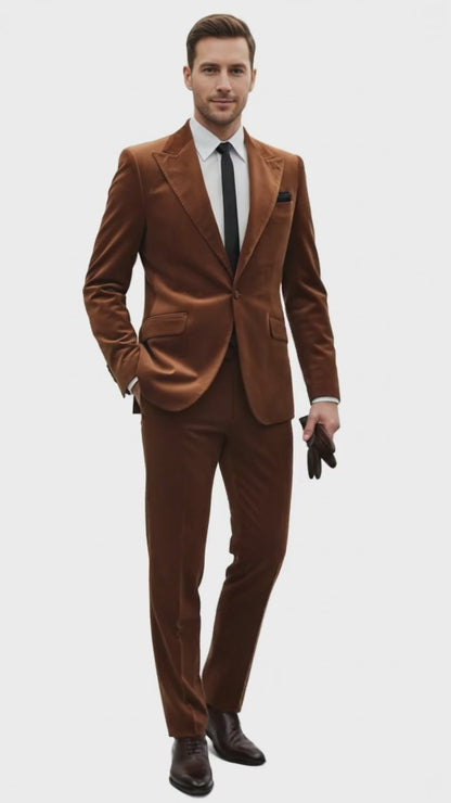 Mens Golden Brown Velvet 2-Piece Suit – Luxury Slim Fit Formal Blazer and Pants Set in Rust Copper Color