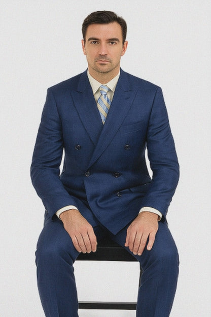 Mens Classic Wool Feel Double Breasted Glen Plaid Suit in Blue