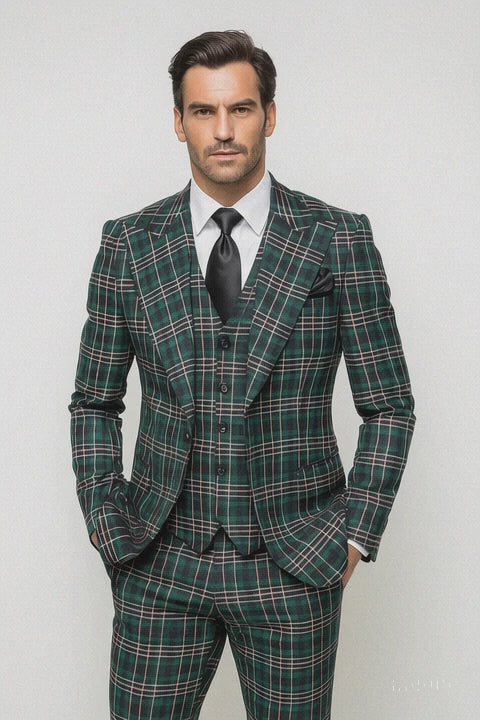 Suits With Baggy Pleated Pants - Wide Leg Pants 100% Wool - Classic Fit in Green Color by Rossiman