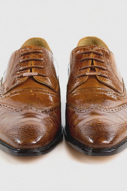 Men's Belvedere Nino Slanted Wingtip Ostrich Leg & Eel Dress Shoe in Camel