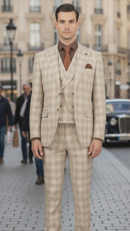 Khaki Plaid Suit - Vested Suit - 3 Piece Suits - Peak Lapel Suits - Windowpane Suit - 2 Button