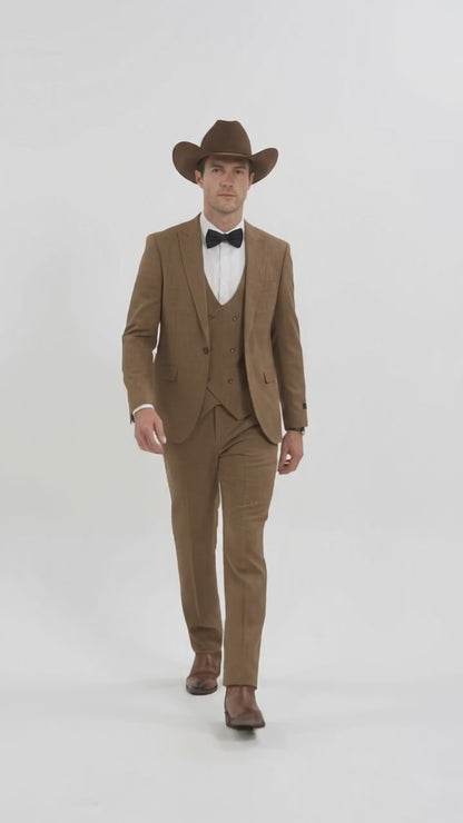 Men’s Light Brown Western 3-Piece Suit – Cowboy Wedding Suit with Vest British Khaki Bronze Color