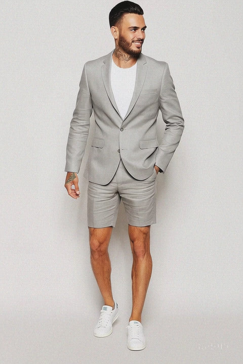 Men'S Linen Fabric Summer Business Suits With Shorts Pants Set (Sport Coat Looking) Grey - Mens Linen Suit