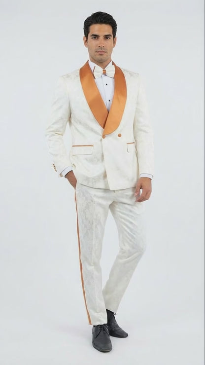 Men's Ivory and Gold Jacquard Tuxedo Suit + Bowtie – Formal Wedding, Prom, and Gala Outfit in Cream Off White color