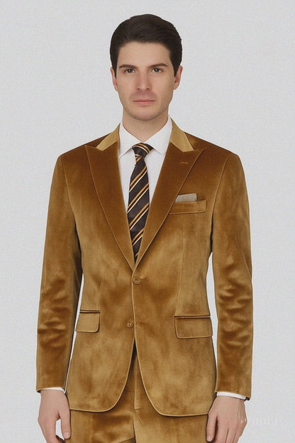 Gold Velvet Suit for Men – 2-Piece Skinny Fit Peak Lapel Formalwear by Tazzio Modern Fit