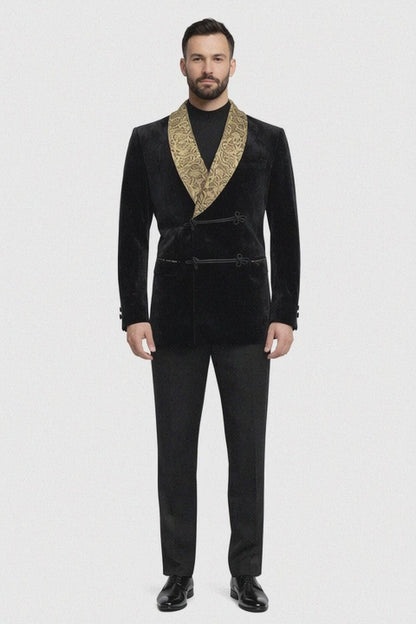 Black and Gold Velvet Smoking Jacket - Mens Black Blazer