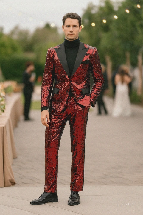 Men’s Red Sequin Tuxedo Suit with Black Lapel – Luxury Slim Fit Blazer and Pants Set Matching