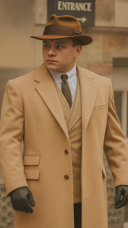Men's Camel Two Flap Front Pockets Peaky Blinders Suits - Peaky Blinders Outfit + Overcoat + Hat (Peaky Blinder Custome)