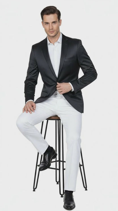 Men’s Black Satin Blazer – Classic Slim Fit Two-Button Formal Suit Jacket for Weddings, Parties, and Business Events