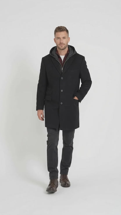 Men’s Black Hooded Overcoat, Formal Topcoat with Removable Hoodie Style