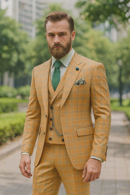 Men’s Stylish Plaid Wedding Suit – Yellow 3-Piece Ensemble Modern Fit