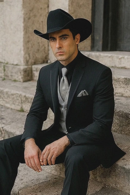 Men 2 Button Trim Cowboy in Black Cowboy Suit - Country Wedding Suits Modern Fit