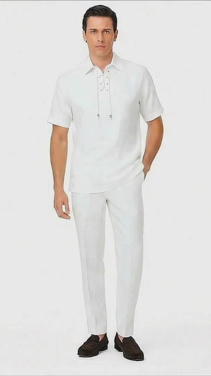 Men’s White Lace-Up Shirt and Pants Set – Casual Summer Two-Piece Outfit With Walking Suit Plus Matching Pants