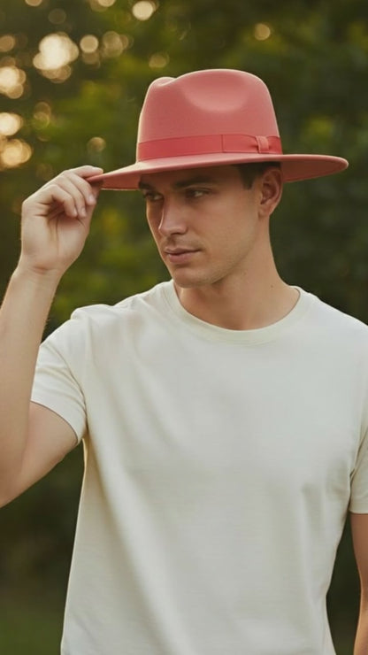 Men’s Coral Pink Wide Brim Fedora Hat – Wool Felt Dress Hat with Red Ribbon Band