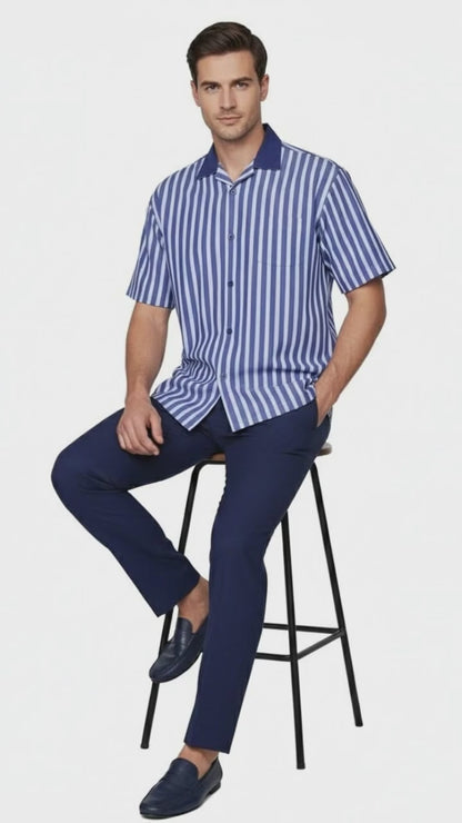 Men’s Blue and White Vertical Stripe Short Sleeve Shirt Set – Casual Summer Two-Piece Outfit  With Walking Suit Plus Matching Pants