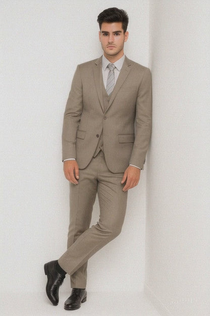 Men’s Modern Fit 3-Piece Taupe Suit with Vest – Stylish Formal Wear for Weddings & Business