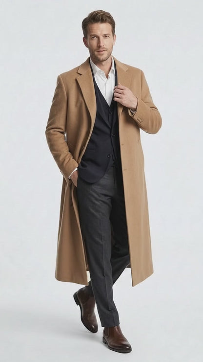 Men’s Camel Cashmere Winter Topcoat, Full Length Dress Overcoat