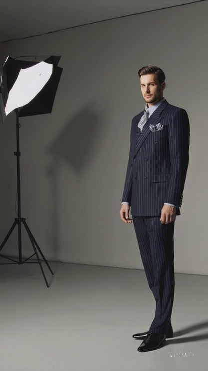 Men’s Dark Navy Blue Chalk Pinstripe Double Breasted Suit, Formal Wedding Business Dress Suit Set Modern Fit