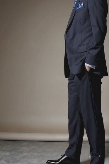 2TR Classic Fit - Executive Cut Poly-rayon Executive Pure Solid Dark Navy Suit Notch Collar Pleated Pants