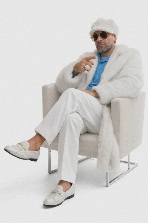 Ivory Faux Fur Coat - Off White Color Cream Mens Coat - Single Breasted
