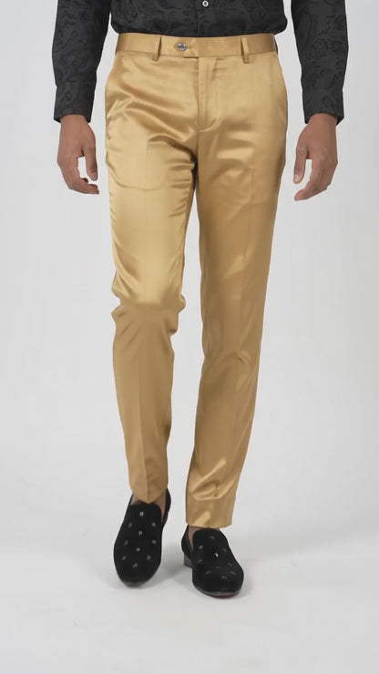 Men’s Gold Sateen Shiny Dress Pants, Formal Slim Fit Party and Prom Pants