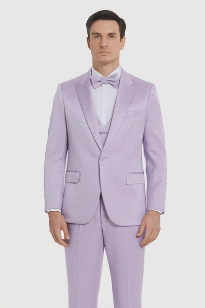 Men's Lavender Satin Slim Fit Tazzio 3 Piece Suit with Double Breasted Vest and Peak Lapel Jacket