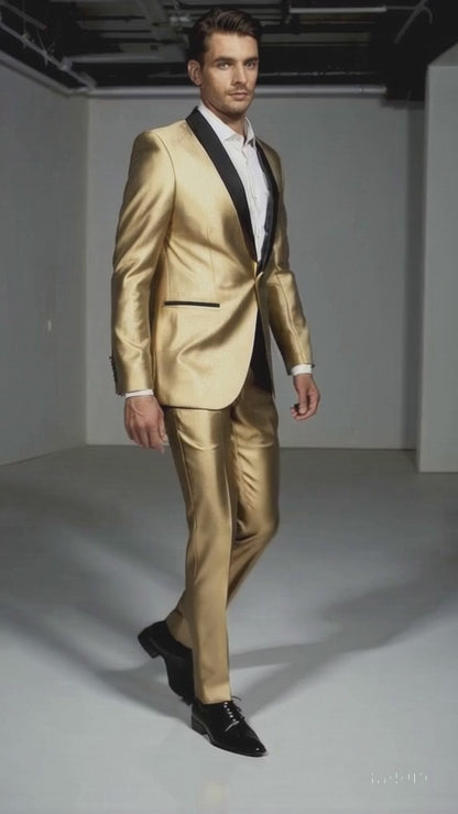 Men Gold Contrast Lapel Black Shawl Collar 2 Toned Dinner Jacket Blazer Fashion Tuxedo For Men