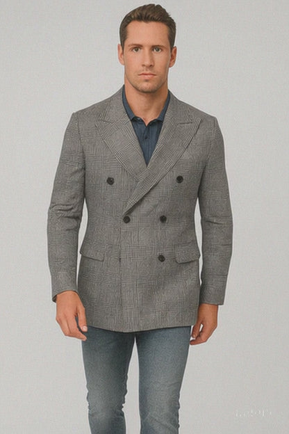 Houndstooth Plaid Peacoat - Gray And Black Patterned Wool Fabric Car Coat