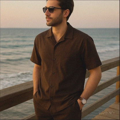 Men's Brown Short Sleeve Button Closure 100% Linen 2 Piece With Pleated Pant Shirt Walking Leisure Suit