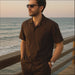 Men's Brown Short Sleeve Button Closure 100% Linen 2 Piece With Pleated Pant Shirt Walking Leisure Suit