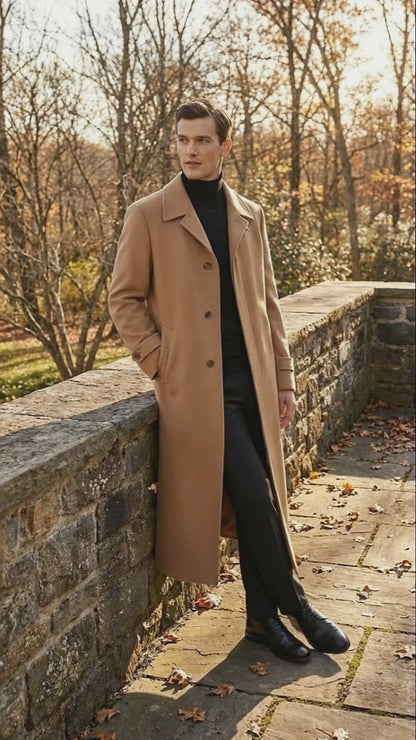 Men’s Full-Length Camel Overcoat – Classic Long Microfiber-Blend Coat for Winter and Formal Wear Maxi Duster Coat