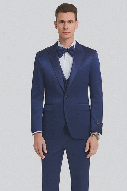 Men's Blue Satin Slim Fit Tazzio 3 Piece Suit with Double Breasted Vest and Peak Lapel Jacket
