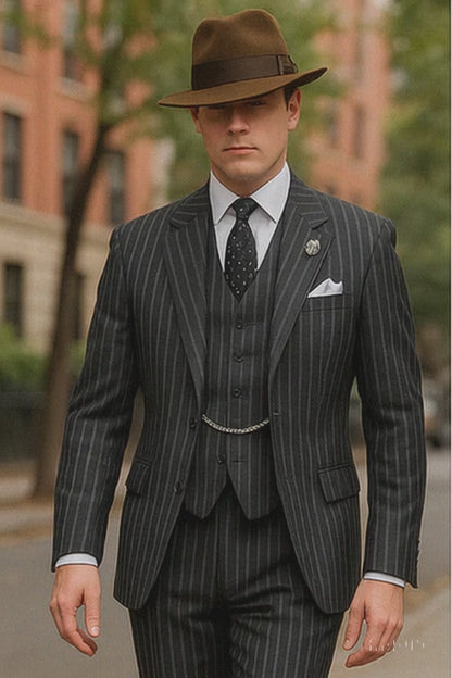 2 Buttons Black And Bold Chalk Gangster White Stripe Vested Big 1920 1930 Suit Flat Front Pants
