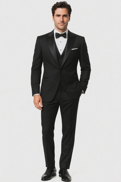 Tiglio Suit - Signature Menswear Wool Fabric SuitsOutlet - Brand Men's Peak Lapel 1 Button Solid Black Tuxedo Suit - High End Suits - High Quality Suits