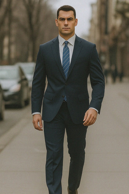 Men's Dark Navy Blue Suit For Men  2 Button Slim Fit Suit With Flat Front Pant Suits For Men